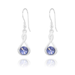 Rhodium plated Sterling Silver drop earrings with Genuine Swarovski Tanzanite crystals and infinity design