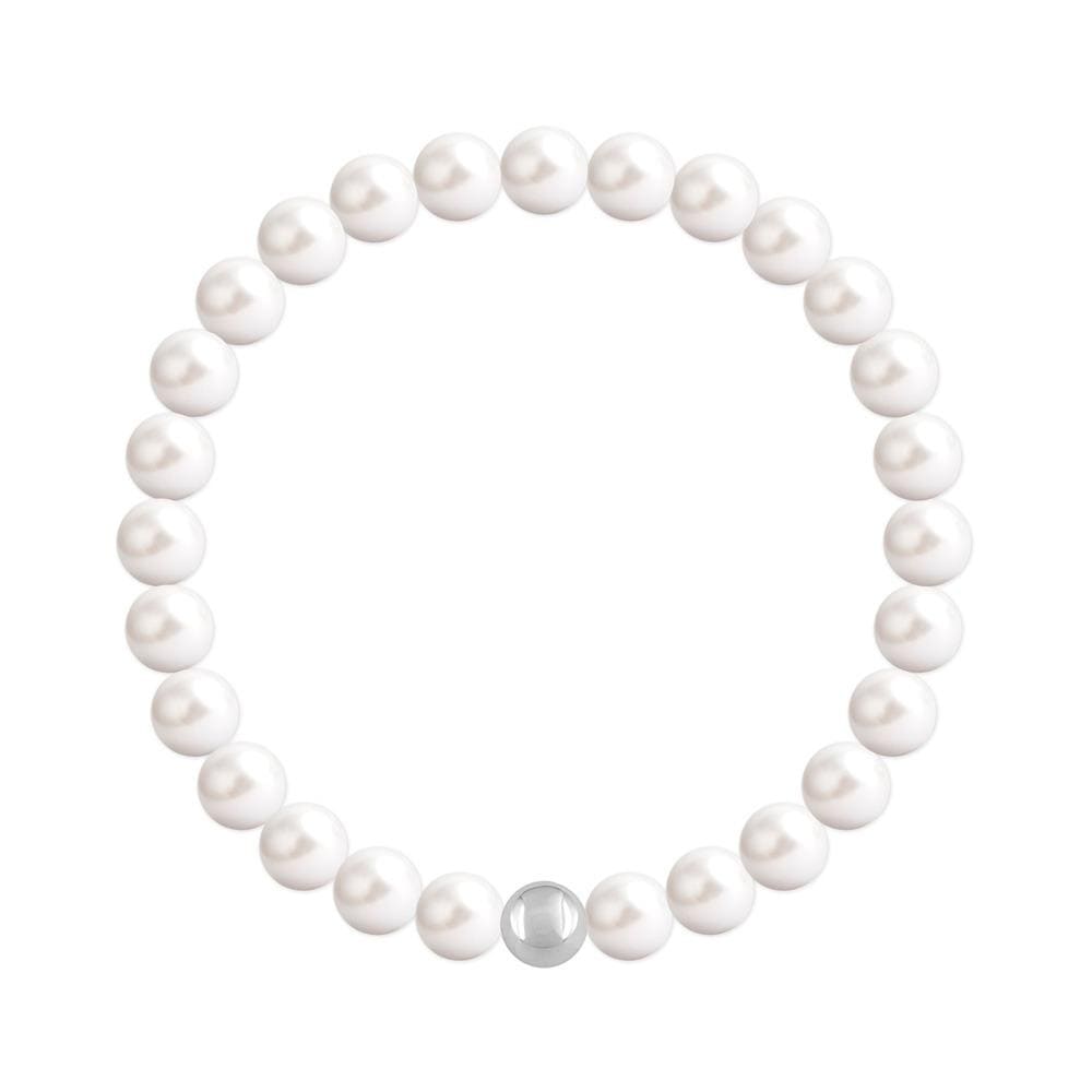 Sterling silver stretch bracelet with Genuine Swarovski white pearls and polished silver accent bead