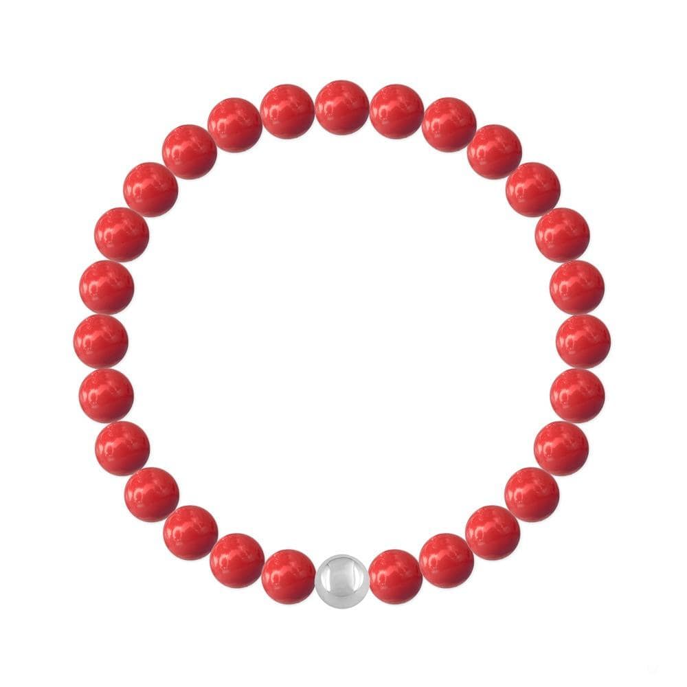 Sterling silver stretch bracelet with Genuine Swarovski red coral pearls and polished silver accent bead