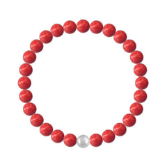 Sterling silver stretch bracelet with Genuine Swarovski red coral pearls and polished silver accent bead