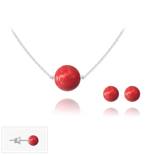 Sterling silver jewellery set with Genuine Swarovski red coral pearl necklace and matching stud earrings