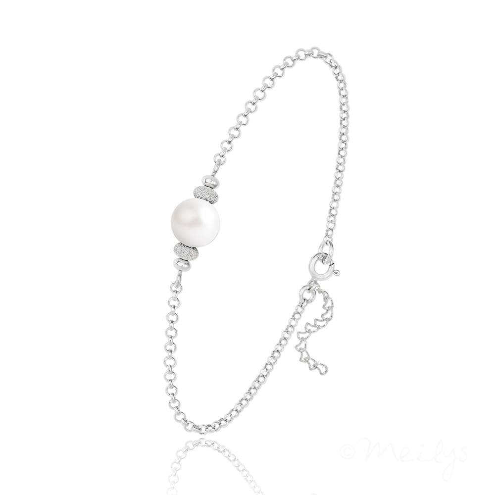 Sterling Silver bracelet with white pearl, crystal accent beads and adjustable extension chain