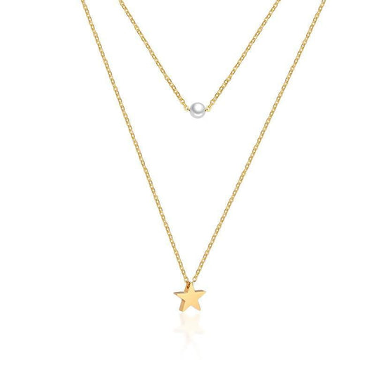 Steel Gold Star Pearl Layered Necklace