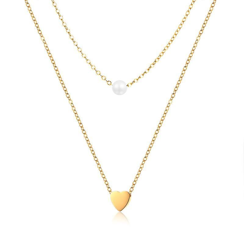 Stainless Steel Gold Pearl & Heart Double Necklace