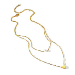 Stainless Steel Gold Pearl & Heart Double Necklace