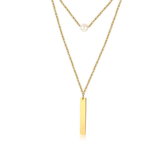 Steel Gold Bar And Pearl Layered Necklace
