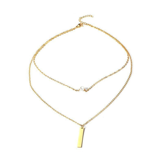 Steel Gold Bar And Pearl Layered Necklace