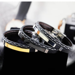 Stainless Steel Mens Engraving ID Bracelet Braided Leather Bracelet