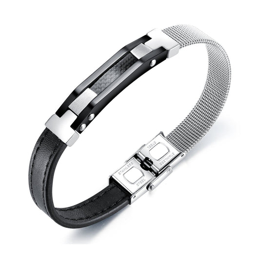 Steel Carbon Fibre Black Leather Bracelet