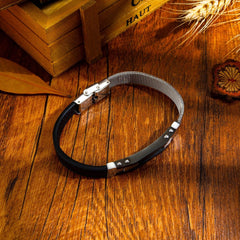 Steel Carbon Fibre Black Leather Bracelet