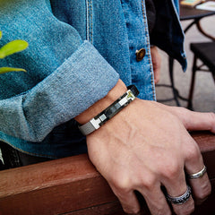 Steel Carbon Fibre Black Leather Bracelet