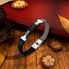 Steel Carbon Fibre Black Leather Bracelet