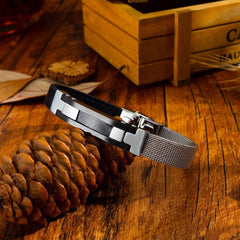 Steel Carbon Fibre Black Leather Bracelet