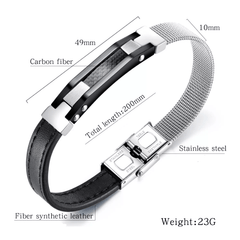 Steel Carbon Fibre Black Leather Bracelet