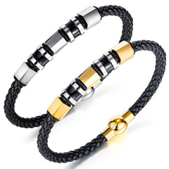 Men's Stainless Steel and Leather Bead Bracelet