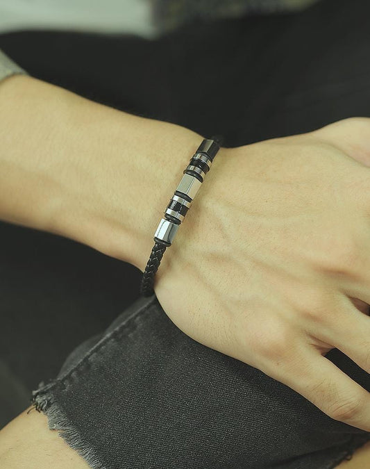Men's Stainless Steel and Leather Bead Bracelet