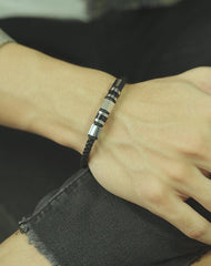 Men's Stainless Steel and Leather Bead Bracelet