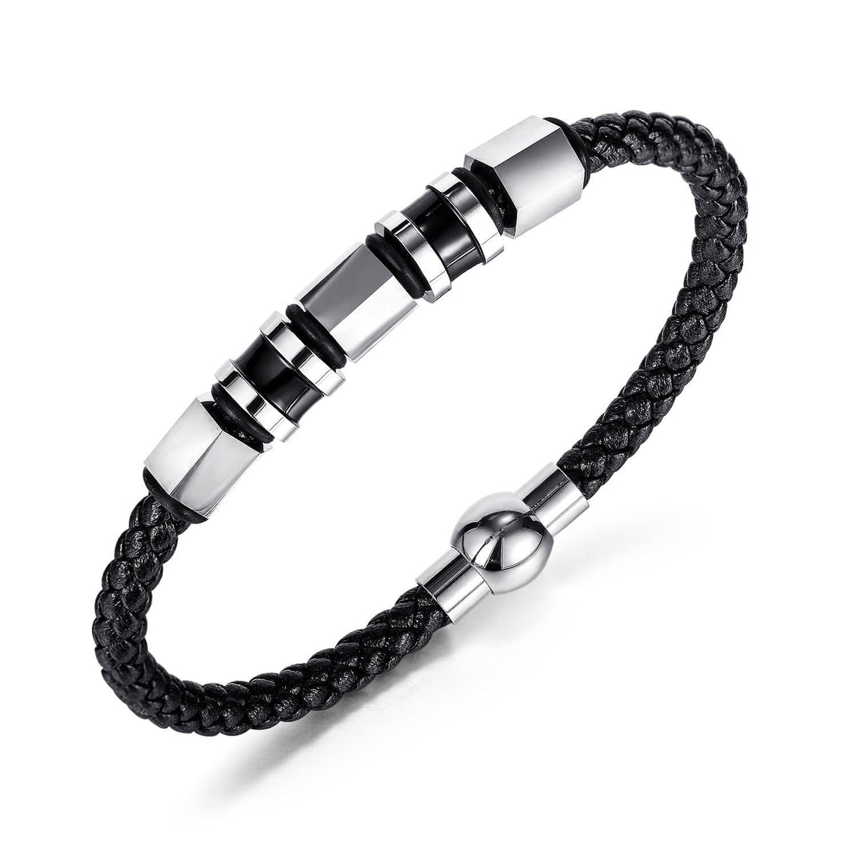 Men's Stainless Steel and Leather Bead Bracelet