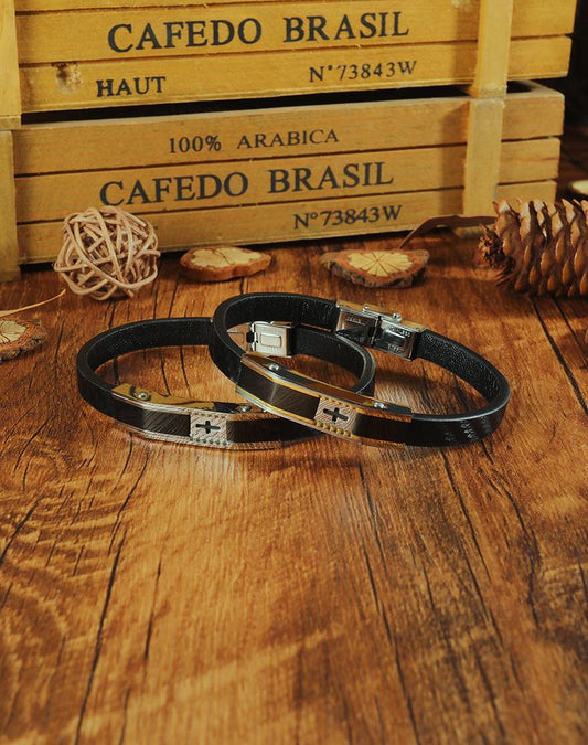 Stainless Steel Mens Cross Leather Bracelet