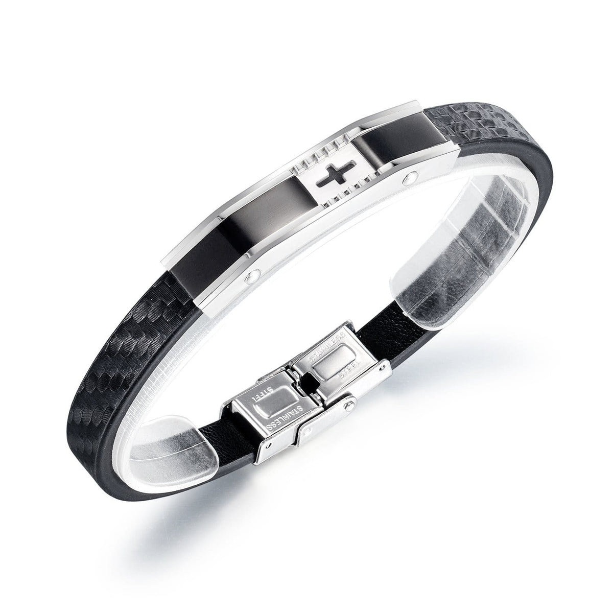 Stainless Steel Mens Cross Leather Bracelet