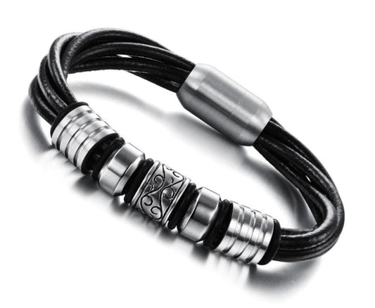 Stainless Steel Beads Leather Bracelet