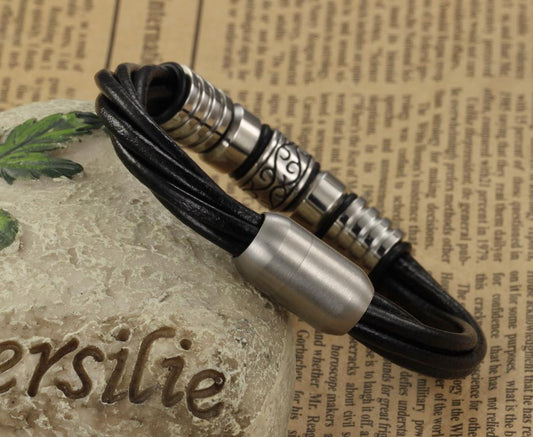 Stainless Steel Beads Leather Bracelet