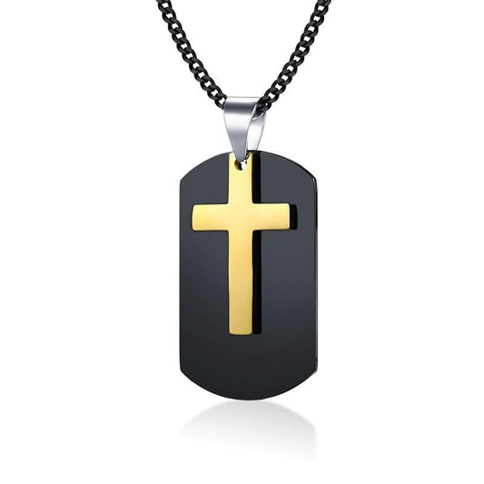Stainless Steel Gold Dog Tag and Cross Pendant