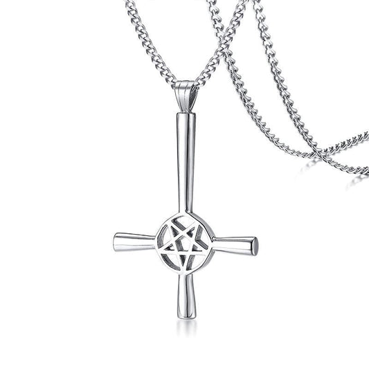 Satan Stand Upside Down Star Cross Mens Necklace