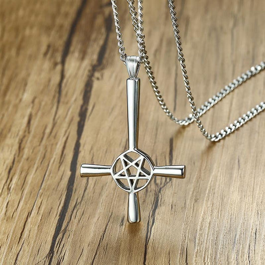 Satan Stand Upside Down Star Cross Mens Necklace
