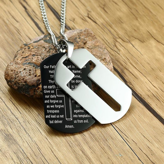 Steel Cross Dog Tag Mens Necklace