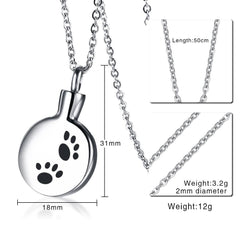 Stainless Steel Keepsake Paw Print Cremation Jewellery Necklace
