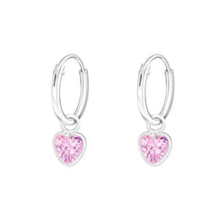 Silver Hanging Pink Heart Crystal Hoop Earrings