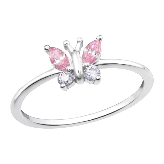 Silver Pink Cubic Zirconia Butterfly Ring