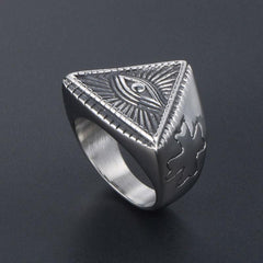 Stainless Steel Evil Eye Side Cross Mens Ring