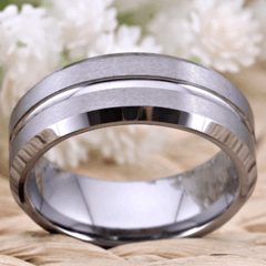 Matte Silver Groove Tungsten Wedding Ring for Men