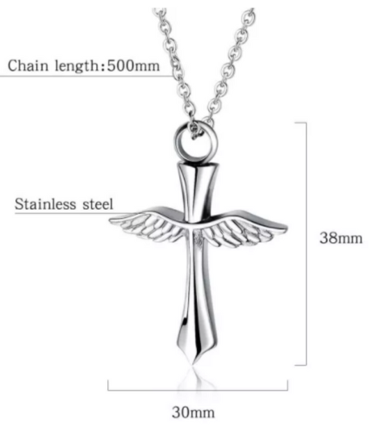 Steel Wing Cross Cremation Urn necklace