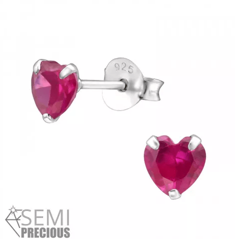 Silver Heart  Genuine Ruby Red Stone Earrings