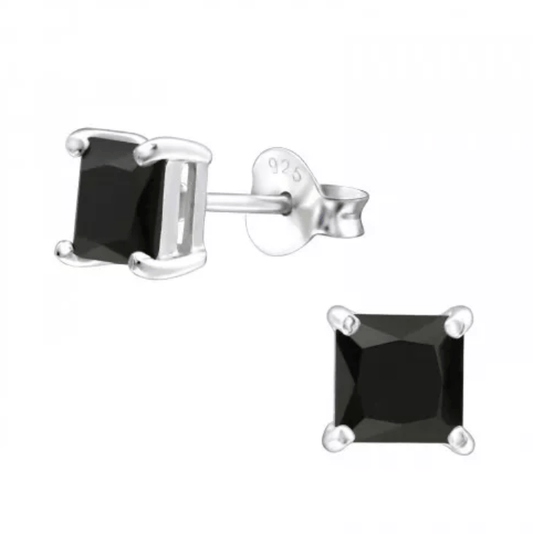 Silver Square Genuine Black Onyx Stud Earrings