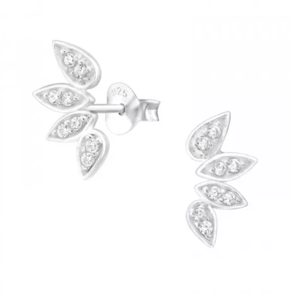 Silver Cubic Zirconia Leaf Ear Studs