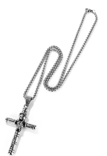 Steel Wolf Head Cross necklace