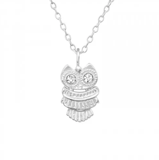 Silver Owl Crystal Pendant Necklace