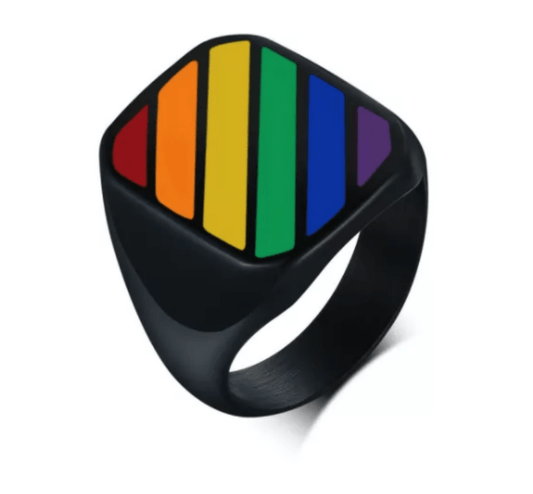 Steel Signet Ring Rainbow Striped