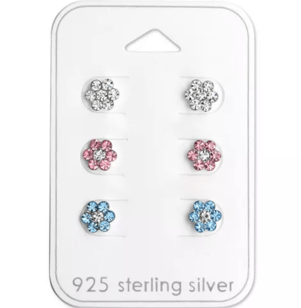 Silver Flower Ear Studs Set