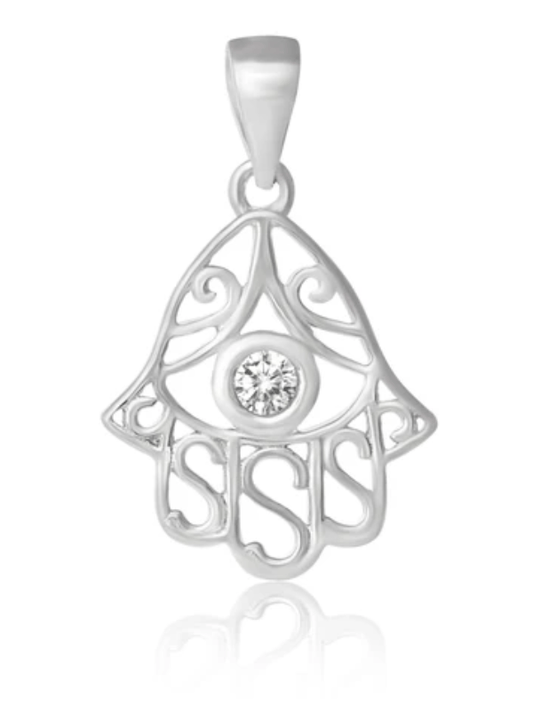 Silver Hamsa Cubic Zirconia Pendant