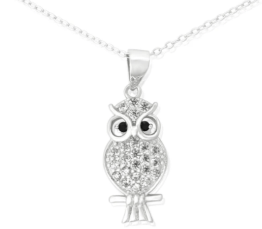 Cubic Zirconia Owl Pendant Rhodium Necklace