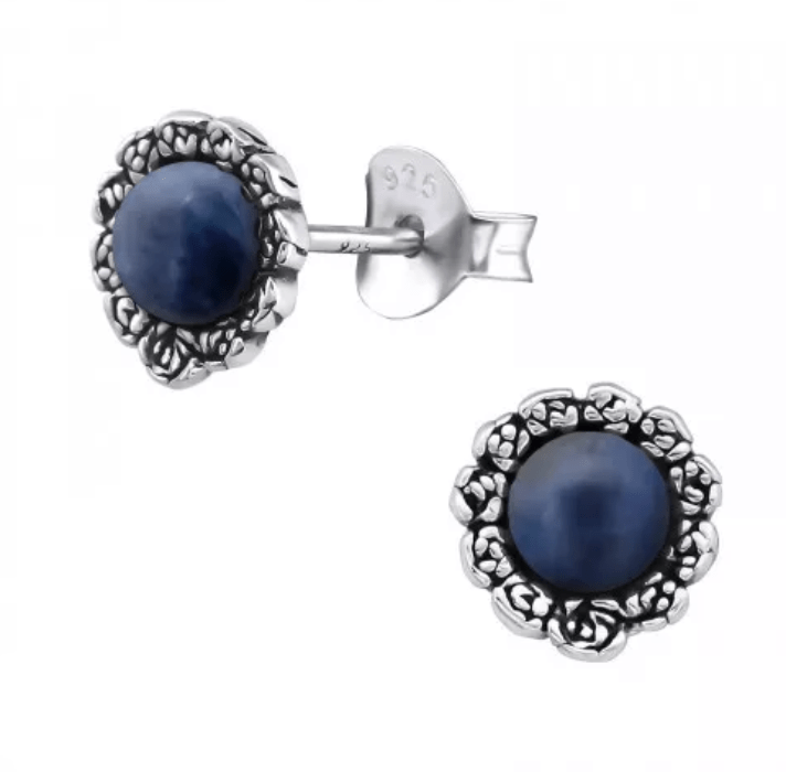 Silver Flower Earrings with Geniune Sodalite Stone