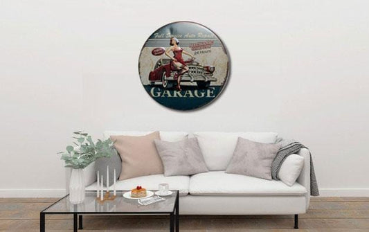 Garage Mechanic On Duty Round Embossed Metal Tin Sign Poster