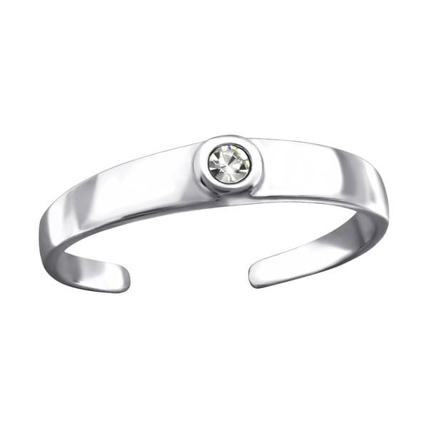 Adjustable 925 sterling silver toe ring with a clear 3 mm round crystal, polished open band and gift-box presentation, available in Australia.
