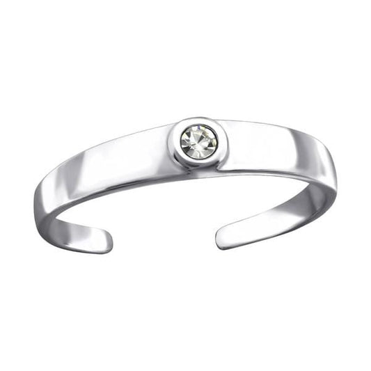 Adjustable 925 sterling silver toe ring with a clear 3 mm round crystal, polished open band and gift-box presentation, available in Australia.