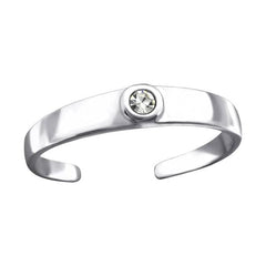 Adjustable 925 sterling silver toe ring with a clear 3 mm round crystal, polished open band and gift-box presentation, available in Australia.
